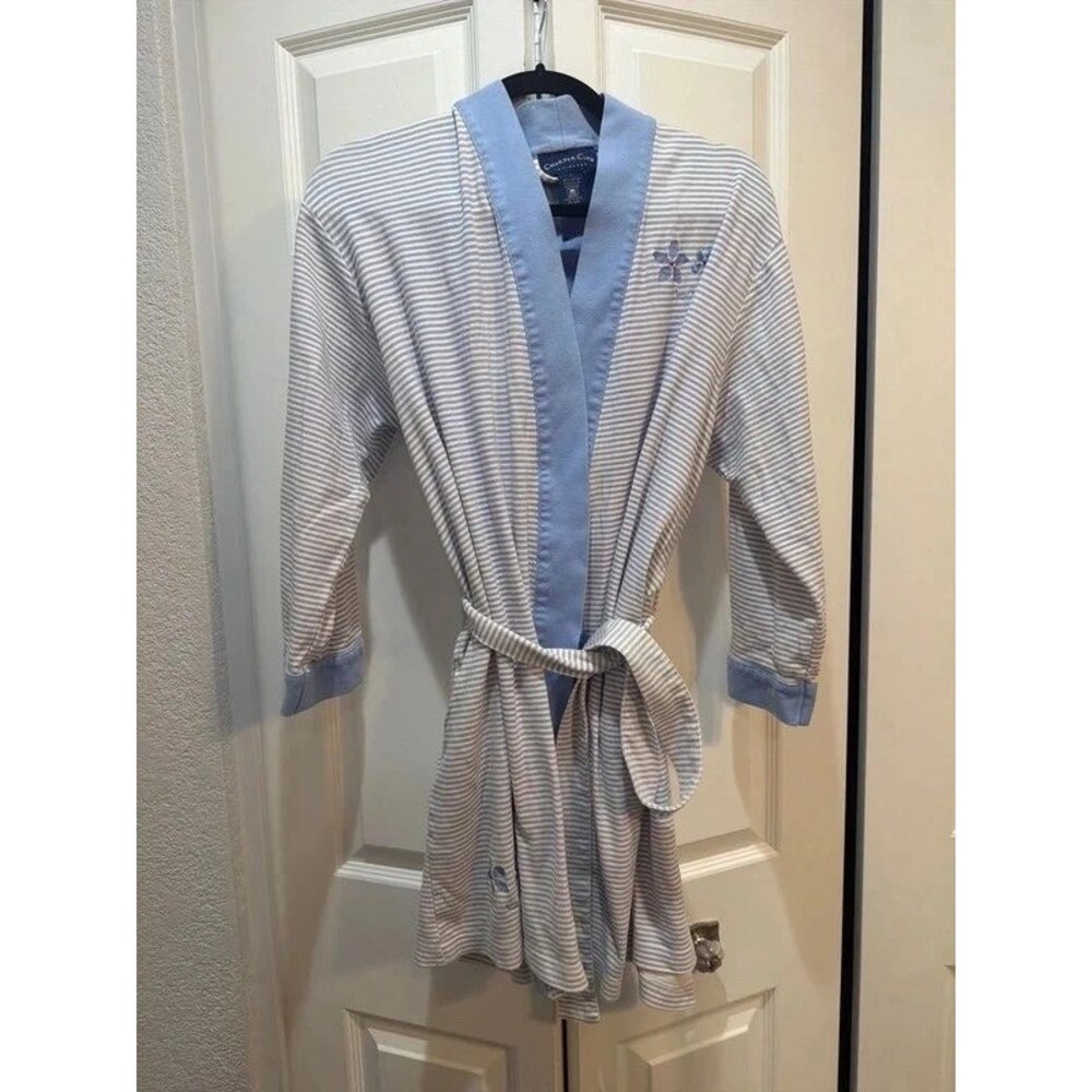 Charter Club Cotton Floral Embroidered Blue and White Striped Robe Size Large